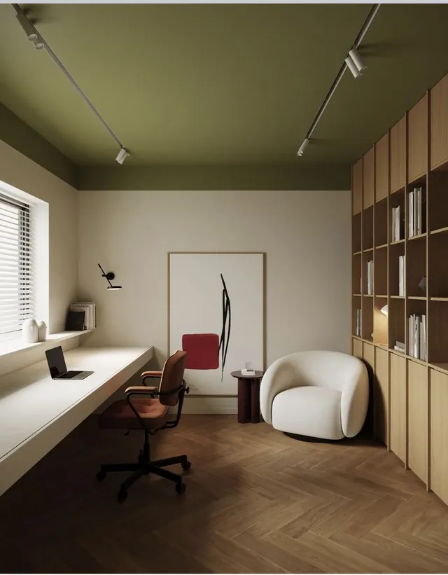 Minimalist office interior with warm-earth palette, minimal, organic, light