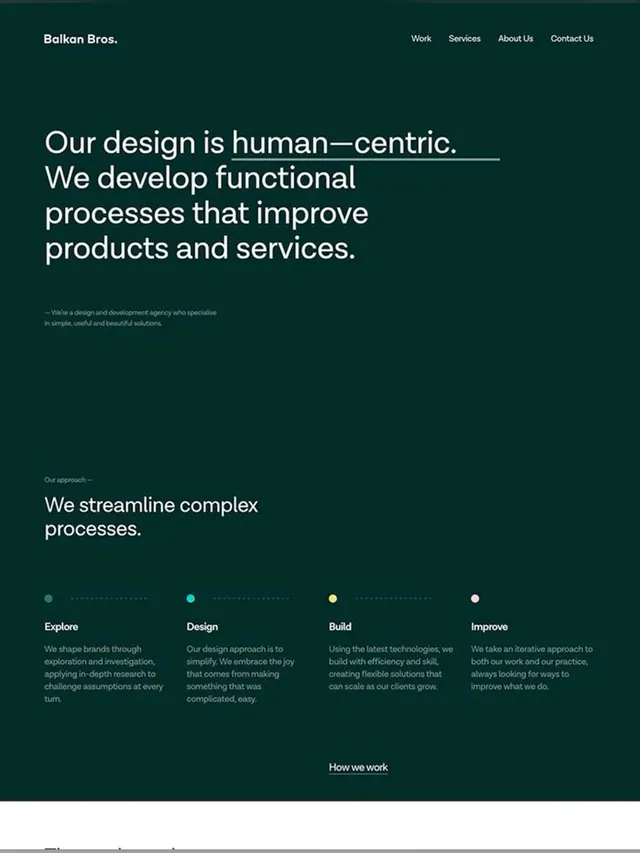 Balkan Bros design agency homepage, minimal, corporate-clean, dark