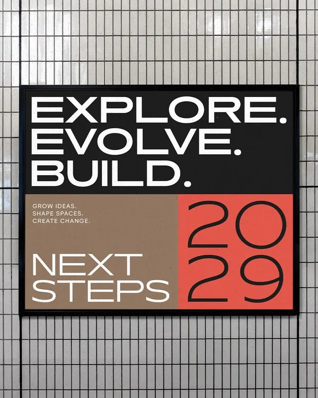 Bold sans-serif corporate messaging with grid background, minimal, corporate-clean, dark