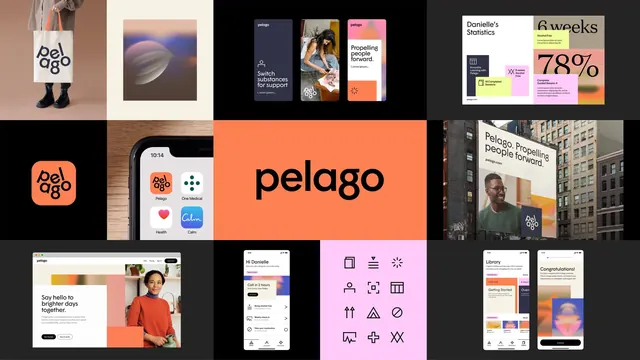 Pelago brand system multiformat showcase, minimal, playful, dark