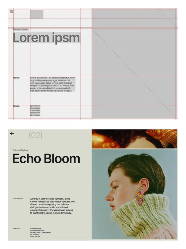 Echo Bloom editorial grid with organic photography, editorial, minimal, light