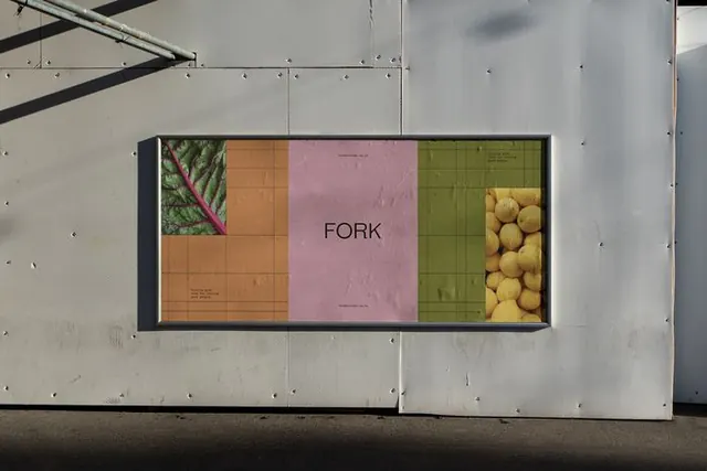 Fork restaurant color-block signage, minimal, geometric, muted