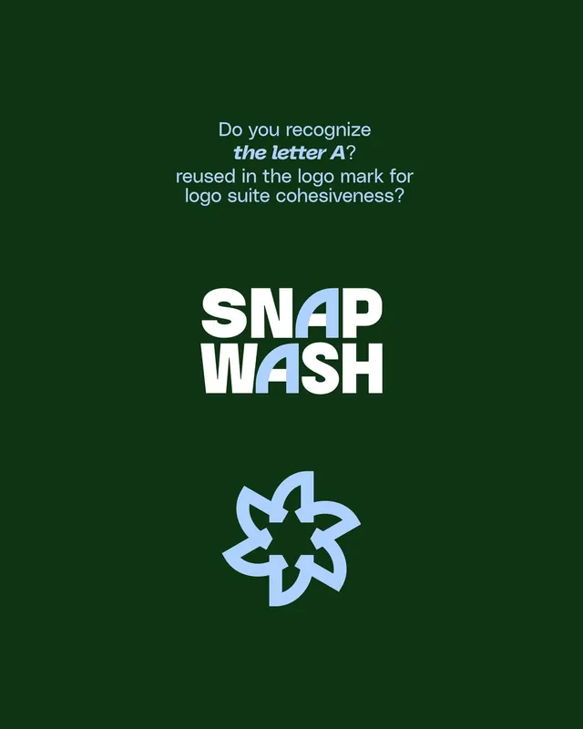 SNAP WASH logo system with letter-A letterform, minimal, geometric, dark