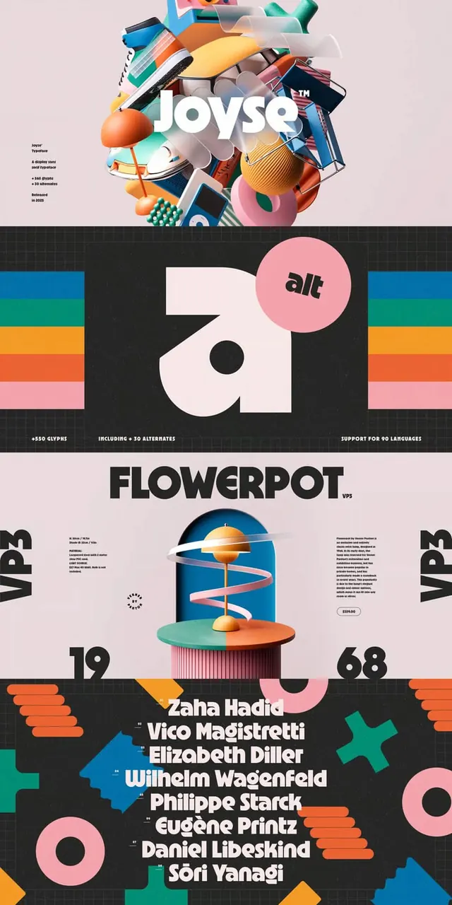 Type specimen poster with 3D renders and geometric shapes, geometric, editorial, light