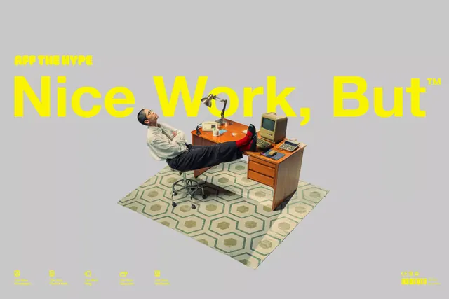 Staged lifestyle campaign with ironic headline, minimal, editorial, light