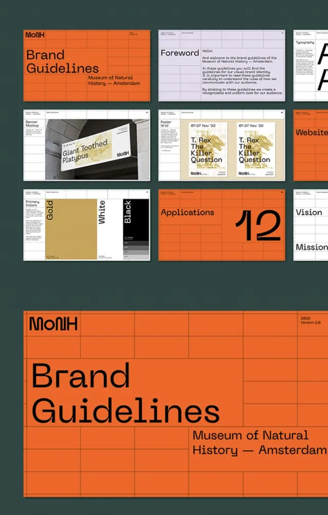 Museum brand guidelines grid layout, minimal, corporate-clean, dark