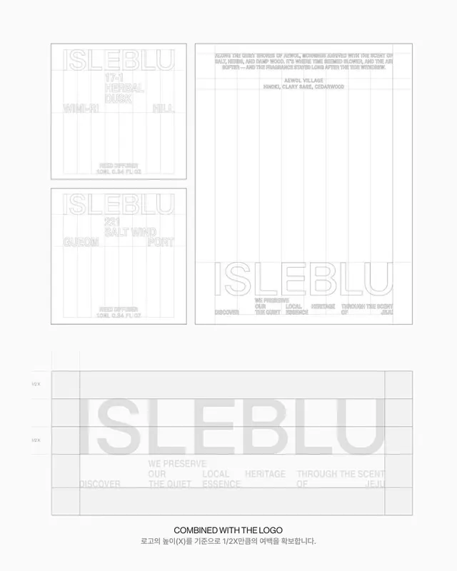 ISLEBLU typographic grid identity system, minimal, monochrome, light