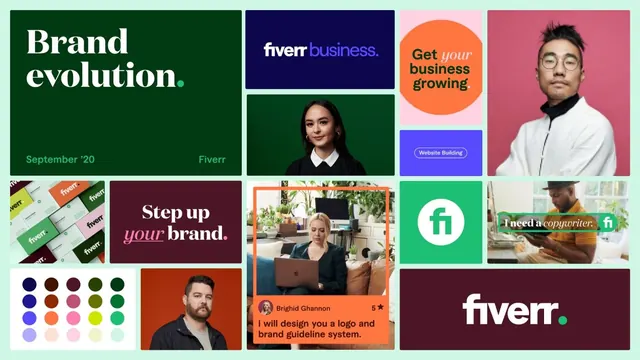 Fiverr brand evolution collage, flat, corporate-clean, cool