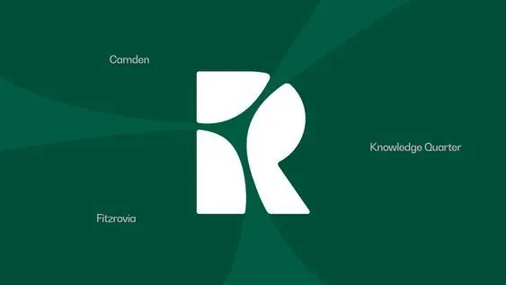 White R geometric mark on teal identity, minimal, geometric, dark