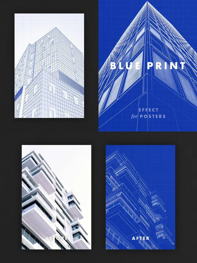 Blueprint effect poster design, technical, editorial, dark