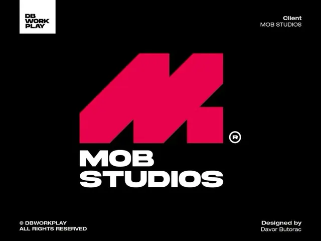 MOB STUDIOS bold geometric arrow logo, minimal, geometric, neon