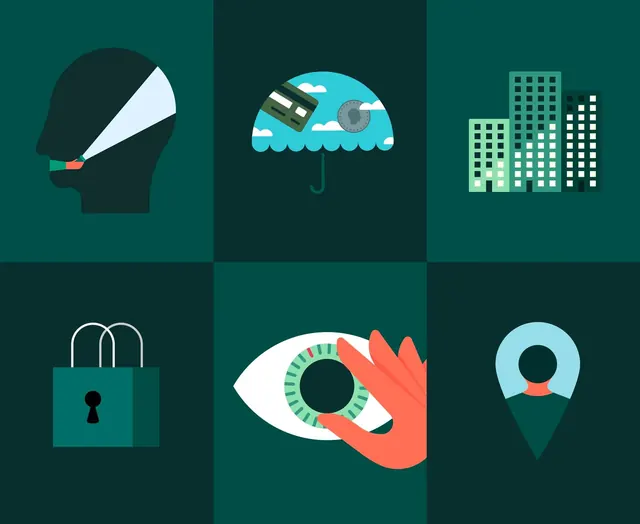 Teal and coral security icon system, flat, minimal, dark