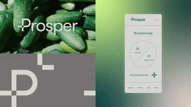 Prosper logo and app UI: organic wellness branding, minimal, organic, earthy