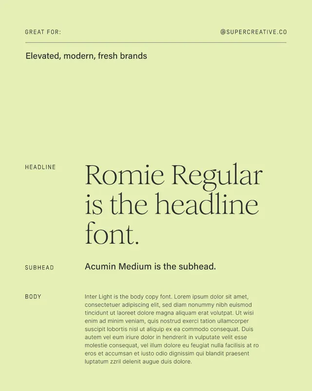 Romie Regular type specimen guide, editorial, minimal, light