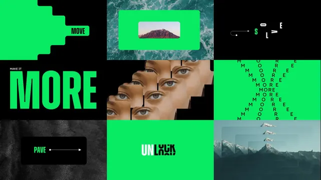 Neon green collage with nested geometric blocks and sampled imagery, geometric, minimal, dark