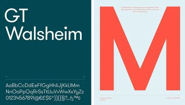 GT Walsheim split color specimen, minimal, corporate-clean, light