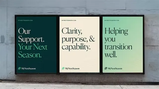 McClessman three-poster service messaging in muted palette, minimal, corporate-clean, light