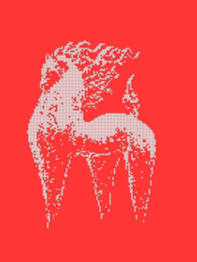 White halftone horse on red background, abstract, minimal, vibrant