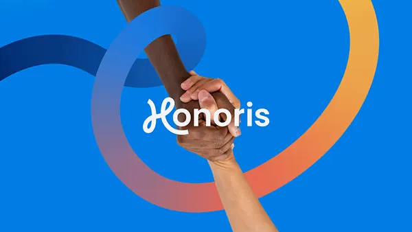 Honoris clasped-hands connection mark with circular arcs, abstract, minimal, warm