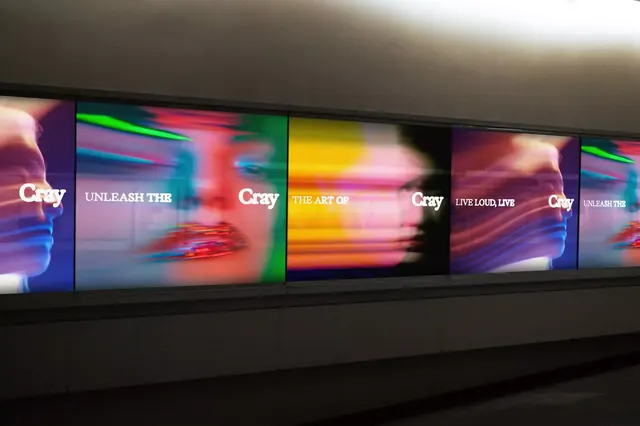 Cray cinematic motion display, dark-mode, gradient-heavy, vibrant