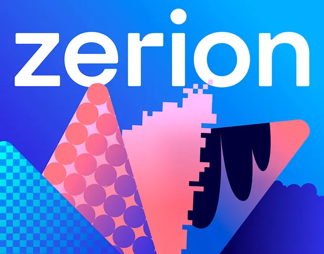 Zerion wordmark with gradient and abstract shapes, gradient-heavy, geometric, vibrant