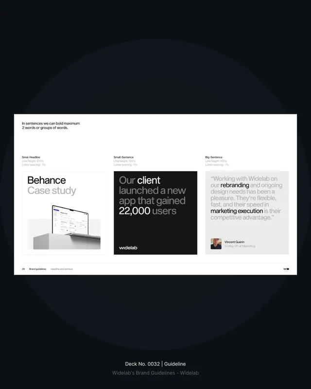 Typographic hierarchy and content examples in brand guidelines, minimal, corporate-clean, dark
