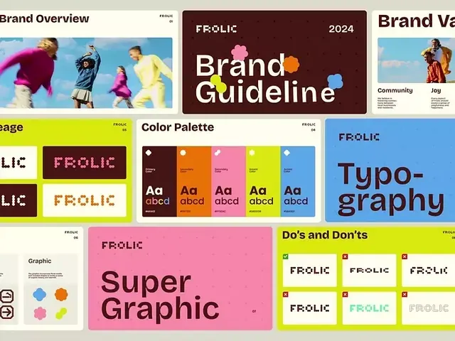 FROLIC brand design system with playful color grid, flat, playful, vibrant