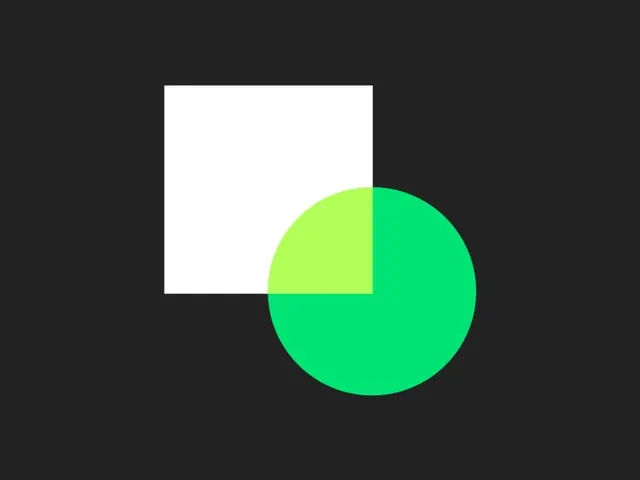 High-contrast geometric mark with white square and lime circle, minimal, geometric, dark