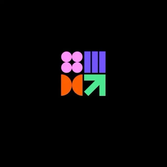 Colorful 2x2 geometric logo: pink circles, purple stripes, orange bow, green arrow, minimal, geometric, neon