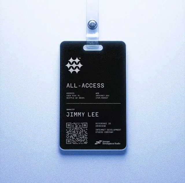 ID badge identity system, minimal, corporate-clean, dark