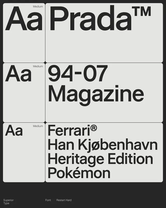 Prada typeface modular grid specimen, minimal, editorial, dark