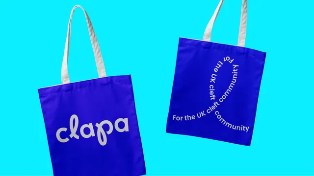 Nonprofit tote bag branding with deep blue and script wordmark, minimal, playful, neon