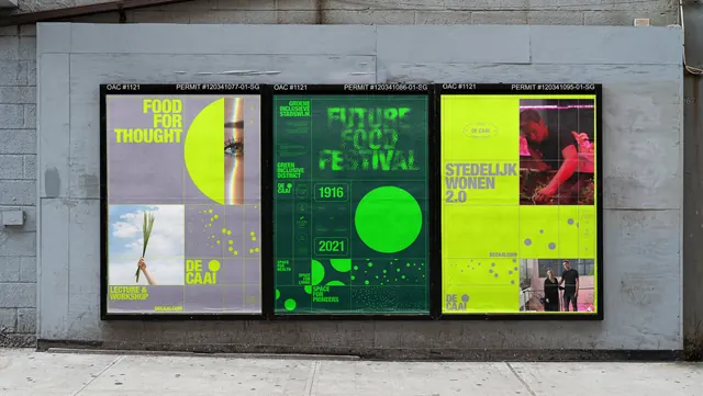 DE CAAI street poster triptych, editorial, swiss, vibrant