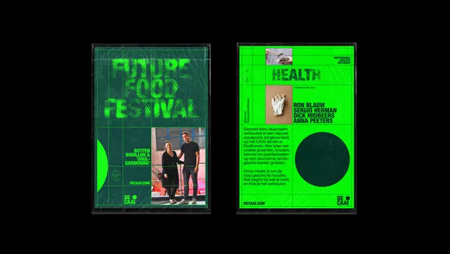 DE CAAI festival poster pair, editorial, swiss, dark