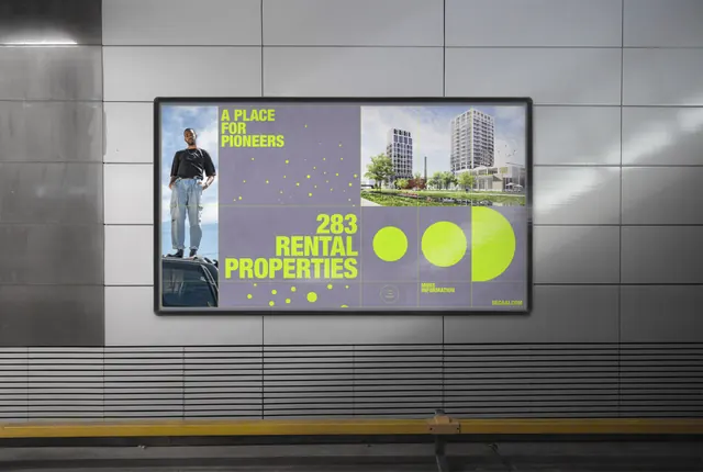 DE CAAI lilac transit billboard, editorial, swiss, muted