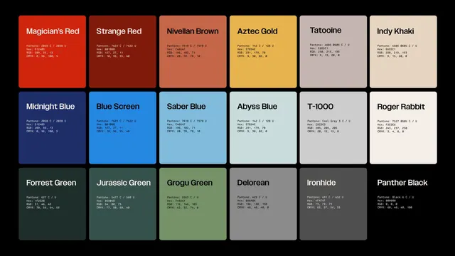 Color palette grid with named swatches and specs, technical, minimal, vibrant