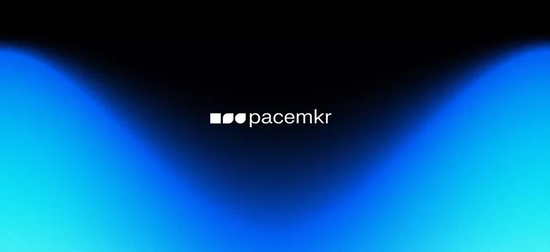 Pacemkr gradient logo with luminous blue glow, minimal, gradient-heavy, dark