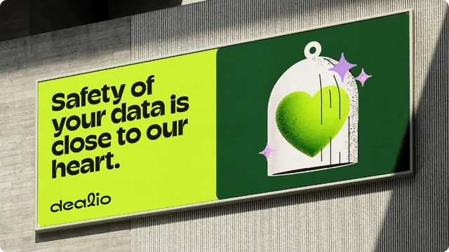 Dealio data safety billboard, illustrated, playful, vibrant