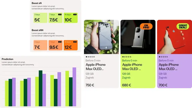Dealio product UI modules and listing cards, flat, minimal, light