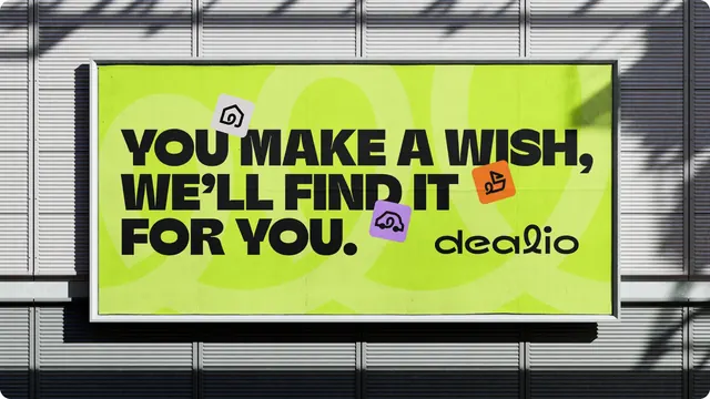 Dealio lime billboard on corrugated facade, typographic, playful, vibrant