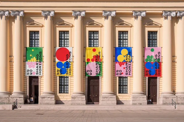 Debrecen 2023 Sharing Horizons facade banners, geometric, swiss, vibrant