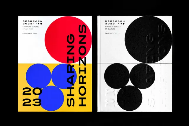 Debrecen 2023 bid book covers, printed and blind-embossed, geometric, swiss, high-contrast