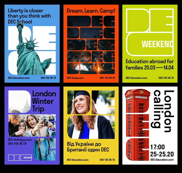 DEC poster series in six brand colors, geometric, typographic, vibrant
