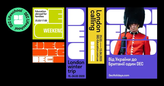 DEC identity system layout on black, geometric, flat, dark