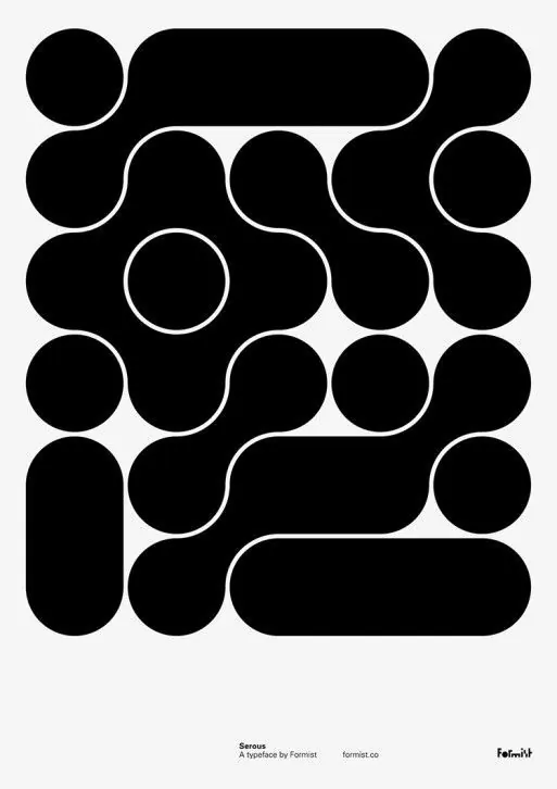 Black interlocking circles and organic shapes on white ground, abstract, minimal, dark