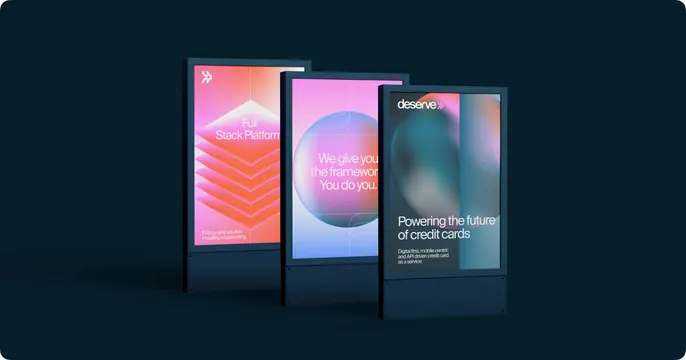 Deserve digital signage trio with gradient posters, gradient-heavy, 3d-render, dark