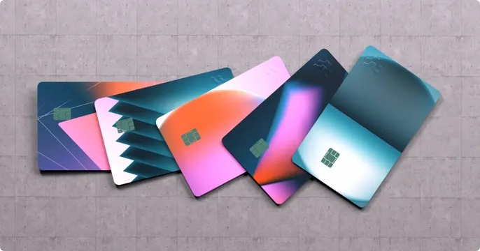 Deserve credit card fan on concrete, gradient-heavy, 3d-render, vibrant