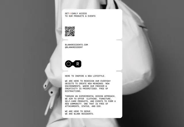 Blank Residents brand card with QR code and manifesto, minimal, corporate-clean, light