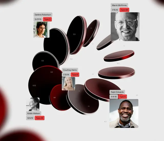 Blood type membership roster with glossy circles, minimal, corporate-clean, dark