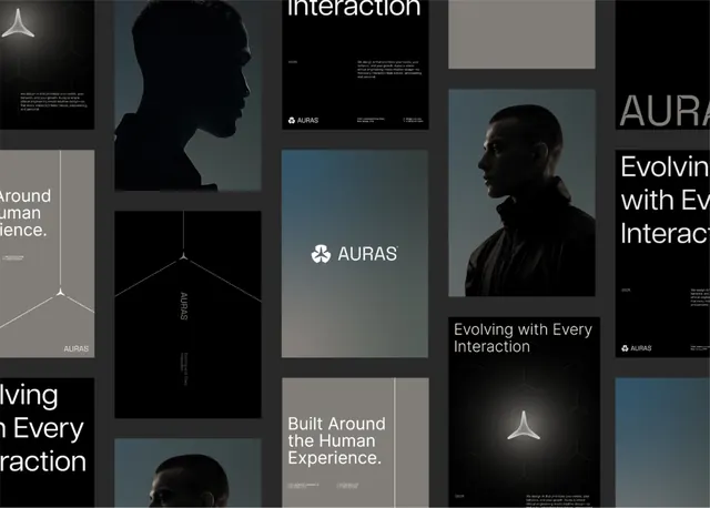 Auras brand editorial presentation, minimal, dark-mode, dark
